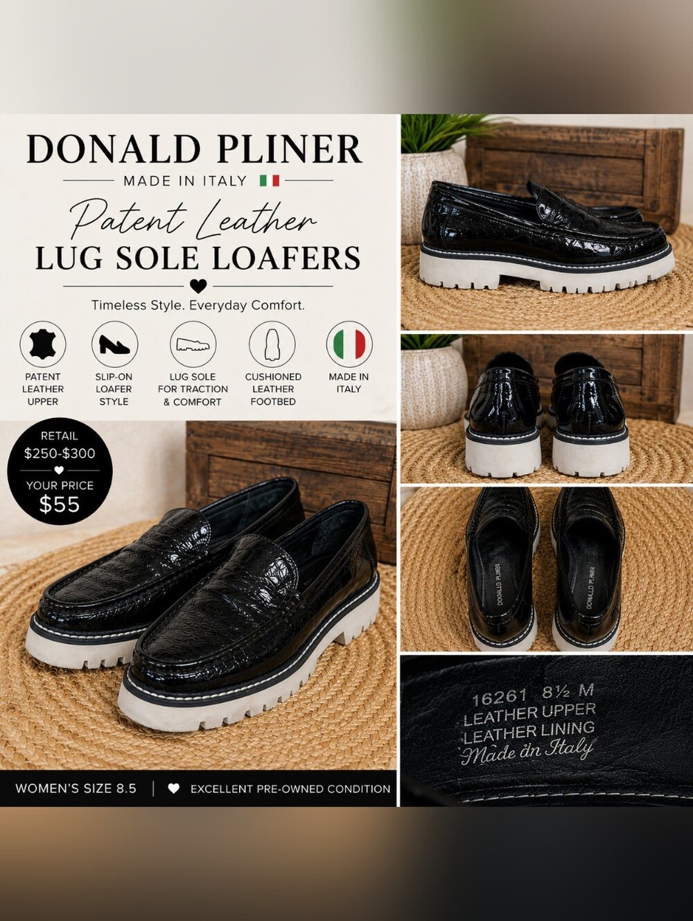 Donald Pliner Black Patent Leather Lug Sole Loafers | W 8.5 | Made in Italy